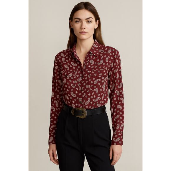 Vintage Ralph Lauren Maroon Paisley Button Down Shirt Blouse Size 4 Shoulder Pad - Picture 1 of 6